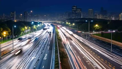 vertical video timelapse capturing fastpaced energy night cars race busy highway leaving light trails amidst hustle bustle city vivid motion automobile blue bright building car - Powered by Adobe