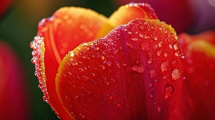   Red tulip in focus; water droplets on petals, blurred background of red, yellow tulips