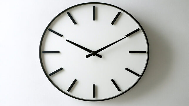 A sleek, frameless wall clock featuring simple, thin black hour and minute hands on a plain white or light grey background.