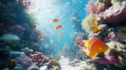 Obraz premium Underwater Scene with Colorful Fish and Coral Reefs