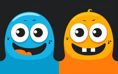 Fototapeta premium Two cartoon monsters with big eyes and big smiles full of teeth. Imitation of a painted picture. Illustration for banner, poster, cover, brochure or presentation.