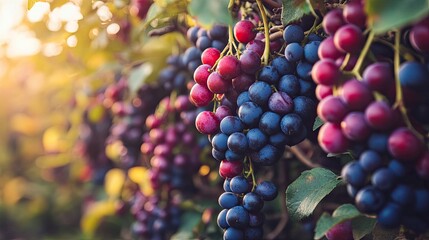 A large bunch of grapes hanging from the vine. Harvesting in a vineyard. Illustration for cover, postcard, interior design, decor, packaging, invitations or print.