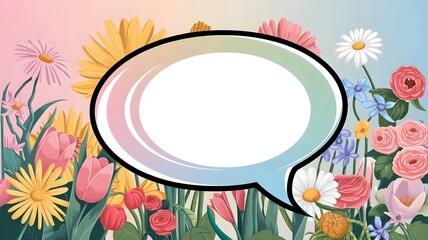 Pastel speech bubble illustration with gradient and vase of flowers in springtime scene