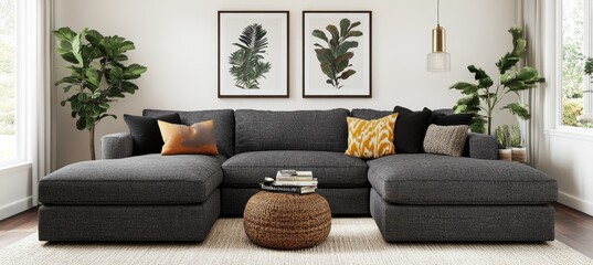Stylish Sectional Sofa with Ottoman, Enhancing the Ambiance of a Naturally Lit Living Room Interior
