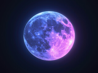 Fototapeta premium Gleaming Neon Fluorescent Glow of Purple and Blue Moon on Black Background - 2D Design