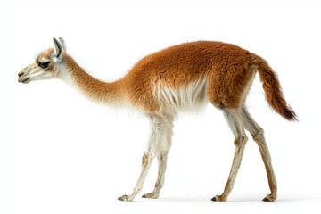 guanaco stands poised with its long neck and slender legs, displaying detailed fur in striking shades against a pristine white backdrop. Its elegance captivates the viewer.