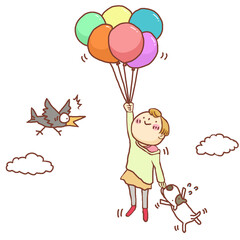 風船で空を飛んでいる子供と犬