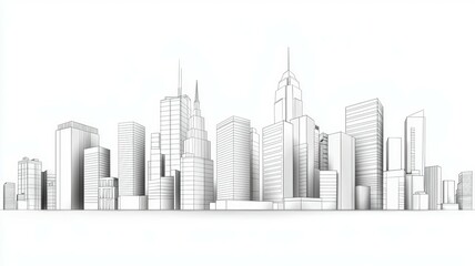 A city skyline is shown in white with buildings of varying heights