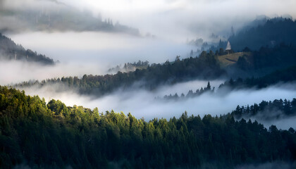 Fototapeta premium Mountains with forests covered in fog.