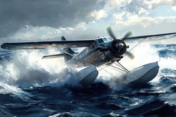 A seaplane landing on water. The image captures the moment of landing, showing the spray of water as the seaplane touches down.