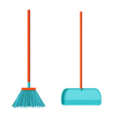 Broom and dustpan, colorful design on a white isolated background.