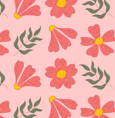 Cherry sakura seamless pattern. Repeating design element for printing on fabric. Bloom and blossom pink plants. Traditional japanese ornament. Textile and cotton. Flat vector illustration