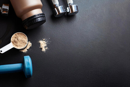 proteina whey con scoop sobre un fondo negro con pesas de entrenamiento, concepto de salud fitness fuerza y suplementos proteicos