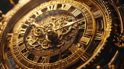 Fototapeta premium A Close-Up of a Gold-Plated Clock Face with Roman Numerals and Visible Gears