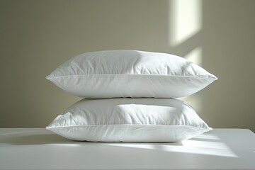 Two white pillows stacked on a bed. This photo is perfect for websites, brochures, or advertisements promoting a product or service related to sleep, comfort, or relaxation.