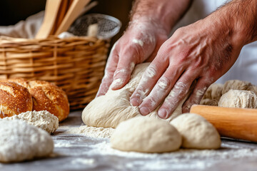Fototapeta premium A close-up of hands kneading bread dough on a floured surface, surrounded by freshly baked bread and flour. This scene evokes the traditional art of breadmaking in a cozy, rustic kitchen environment.