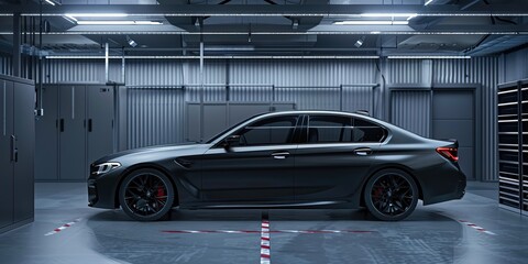 A sleek modern car parked in a spacious garage. its pristine interior visible through open windows. Pristine condition, well-maintained, showroom condition, trade-in, sale, for sale, available, AI