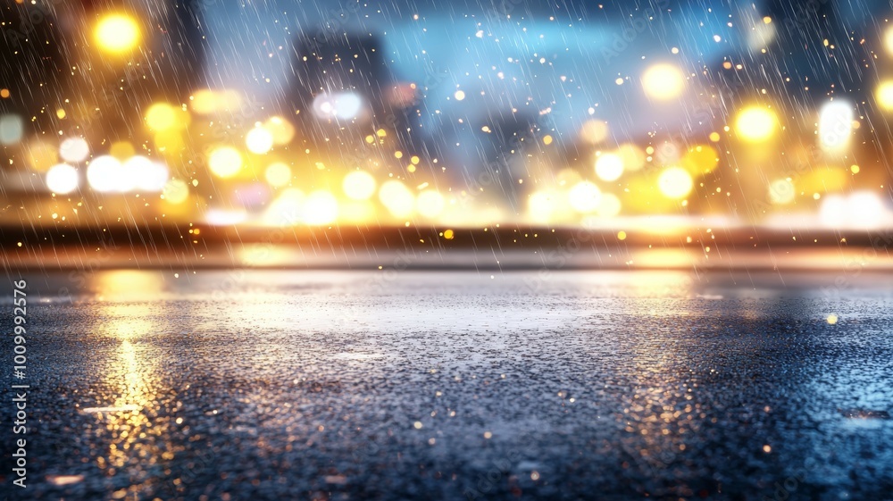 Sticker A rainy city street with lights reflecting on the wet pavement