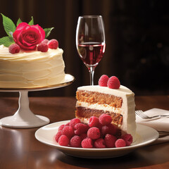 A moist white cake filled with raspberry preserves is paired with a glass of wine to make the perfect birthday toast.