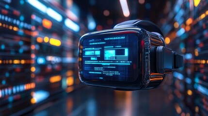 Virtual Reality Headset In Server Room, Data Center Technology, Big Data Analysis, Metaverse Concept