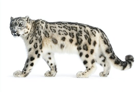 snow leopard rests peacefully, its elegant tail curled impeccably around its body, revealing stunning rosettes on its soft fur. The serene white backdrop highlights its majestic presence.
