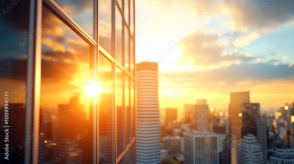 Wall mural A city skyline with a bright sun shining through the windows of a tall building