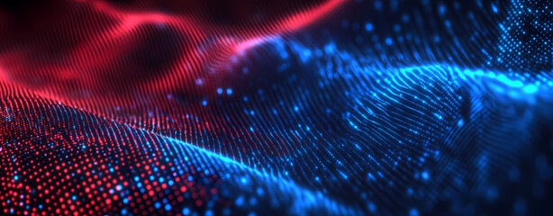 Abstract digital background with glowing blue and red dots waving, a technology concept representing big data