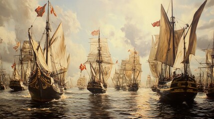 Fleet of Sailing Ships on the Open Sea