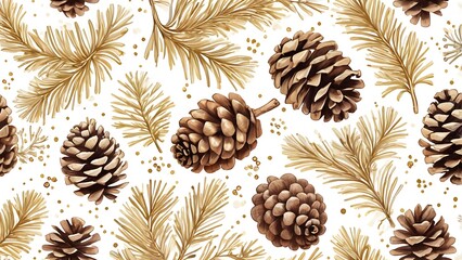 Fototapeta premium seamless pattern of a collection of pine cones and pine branches abstract illustration design on a solid white background, Christmas vector texture