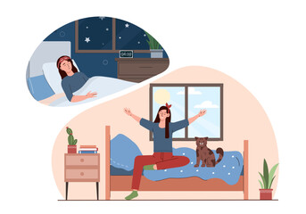 Woman in day and night. Young girl morning and evening. Person wake up in bedroom. Routine of day and night, healthy lifestyle. Flat vector illustration isolated on white background