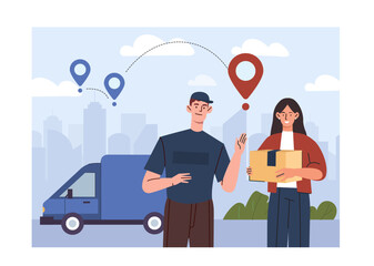 Woman with parcel delivery. Man courier gives girl cardboard box. Online shopping and home delivery. Transportation and logistics. Flat vector illustration isolated on white background