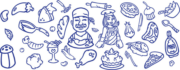 Hand drawn food illustration. Sketch style party wedding and picnic icons.