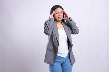 gesture beautiful adult office woman dizzy headache close eyes both hands hold head slanted left...