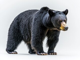 black bear stands confidently on all fours, its shiny coat reflecting the light as it gazes forward, embodying the essence of wild nature in a minimalist setting.