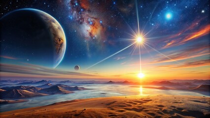 Extraterrestrial landscape with a beautiful star rising above the alien planet's surface and satellite sunset