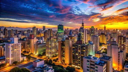 Fototapeta premium Cityscape of S?o Paulo at dusk with illuminated buildings and a colorful sky , Sao Paulo, Brazil, evening, skyline