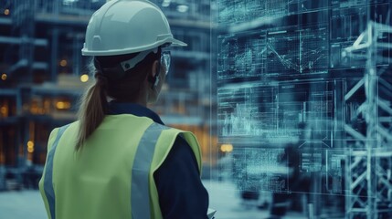 Female Construction Worker Looking at Holographic Data on a Construction Site