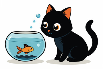  black kitten looking at goldfish vector art illustration