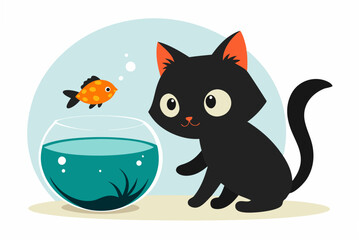  black kitten looking at goldfish vector art illustration