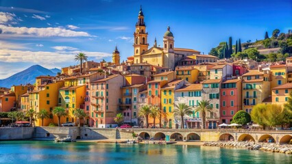 Fototapeta premium Colorful houses above the Mediterranean Sea in Old Town Vieille Ville of Menton, French Riviera