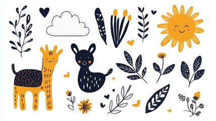 Naklejka premium A collection of cute animals and flowers with a sunny day in the background