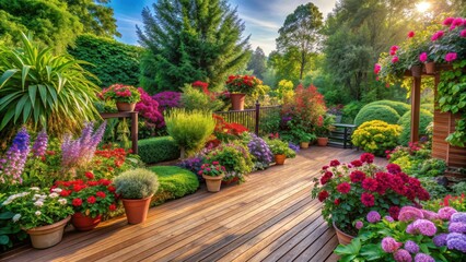 Lush summer garden with blooming flowers and green plants on a spacious deck , greenery, outdoor living, relaxation, backyard