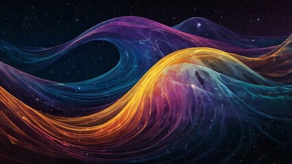 Fototapeta premium Abstract fractal digital design of pink, orange, purple and blue waves and curves with a smooth motion textured background on a solid black wall