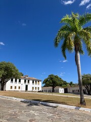 Paisagem histórica em Goiás, Goiás, Brasil, com prédios coloniais antigos e um coqueiro sob um céu azul claro. A foto destaca o rico patrimônio arquitetônico e o charme da cidade. Velha Cadeia.