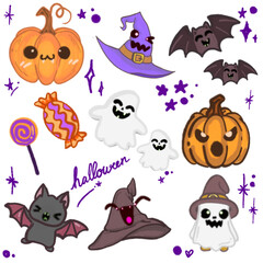 Adorable Halloween Cartoon Illustration – Featuring Bats, Ghosts, Pumpkins, and Witch Hat for Halloween Designs, Banners, Invitations, Posters, and Social Media Graphics – Fun and Cute Halloween Art