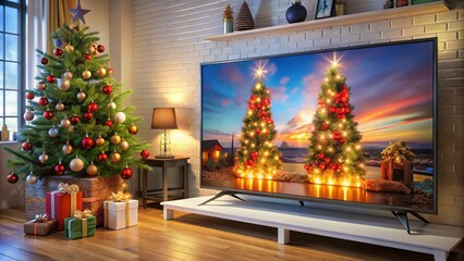 Christmas Background for advertising Smart TV New Year Holiday Santa Christmas Tree Winter Snow Family People Gifts Texture for editor Picture for marketing Image for internet marketing Template