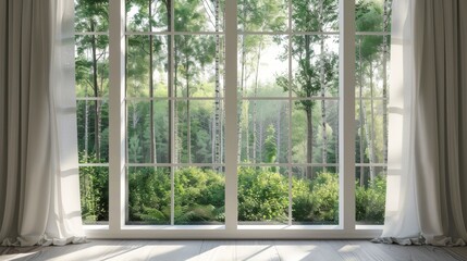 This image depicts a scenic view of a lush green forest from inside a house through a large, framed window with white curtains, inviting nature into the indoor space.