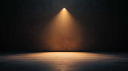 single spotlight illuminates empty, dark room with concrete floor, creating dramatic and moody atmosphere.