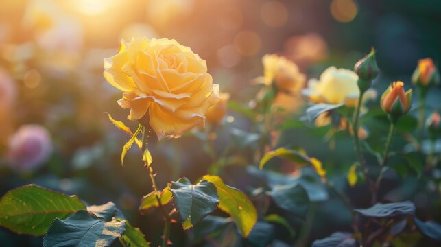 A beautiful photograph of yellow roses illuminated by sunlight, set in a garden, exuding a feeling of warmth, elegance, and serenity, with bokeh effects in the background.
