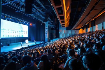A large crowd of people are sitting in a theater watching a presentation, generative ai image